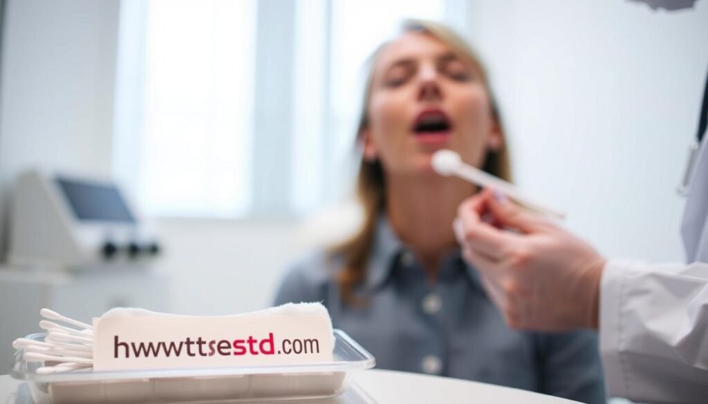 A well-lit medical examination room, sterile and professional. In the foreground, a tray of diagnostic tools - cotton swabs, tongue depressors, and the howtoteststd.com logo prominently displayed. In the middle ground, a person sitting upright, mouth open, as a medical professional gently swabs the inside of their cheek. Soft, even lighting illuminates the scene, creating a sense of calm and reassurance. The background is blurred, conveying the clinical focus on the oral examination. The overall mood is one of attentive care and proactive health management.