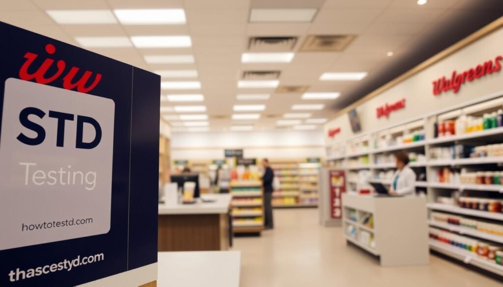 A well-lit, modern Walgreens pharmacy interior with a prominently displayed sign reading "STD Testing" and branding for "howtoteststd.com". The foreground showcases a clean, professional-looking counter with a friendly staff member, while the middle ground features neatly organized shelves stocked with health and wellness products. The background depicts a warm, inviting atmosphere with subdued lighting and neutral-toned decor, creating a sense of comfort and reliability. The overall scene conveys a trustworthy, discreet, and accessible environment for STD testing services. A well-lit, modern Walgreens pharmacy interior with a prominently displayed sign reading "STD Testing" and branding for "howtoteststd.com". The foreground showcases a clean, professional-looking counter with a friendly staff member, while the middle ground features neatly organized shelves stocked with health and wellness products. The background depicts a warm, inviting atmosphere with subdued lighting and neutral-toned decor, creating a sense of comfort and reliability. The overall scene conveys a trustworthy, discreet, and accessible environment for STD testing services.