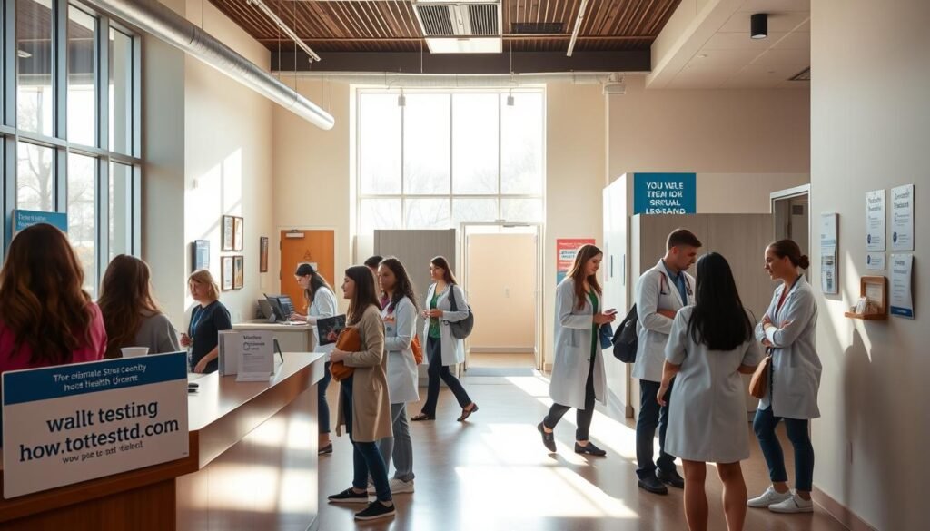 A well-lit, modern university health center, with a warm, inviting atmosphere. In the foreground, a group of students waiting to be called for their campus wellness screenings, including STD testing. The reception desk is prominently featured, with a sign displaying the website "howtoteststd.com". Medical staff in lab coats move efficiently through the space, guiding students through the process. The middle ground showcases private exam rooms, where confidential testing is taking place. In the background, motivational posters and educational materials on sexual health are visible, creating a sense of trust and empowerment. Soft, natural lighting filters through large windows, casting a comforting glow over the entire scene.
