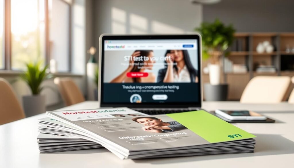 A well-lit, realistic office setting showcasing a collection of STI testing resources. In the foreground, a stack of brochures from the website "howtoteststd.com" providing information on different STI screenings. In the middle ground, a laptop displaying the website's homepage, highlighting its discreet and comprehensive testing services. The background features a modern, minimalist decor with a large window allowing natural light to flood the space, creating a calming and professional atmosphere.