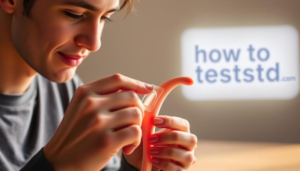 A well-lit, realistic scene of a person placing a condom on a model phallus, with the "howtoteststd.com" logo discreetly visible in the background. The person's expression should convey a sense of confidence and proactiveness about their sexual health. The lighting should be warm and natural, creating a welcoming and educational atmosphere. The focus should be on the proper technique of condom application, without any distracting elements. The scene should feel like a straightforward, informative tutorial on safer sex practices.