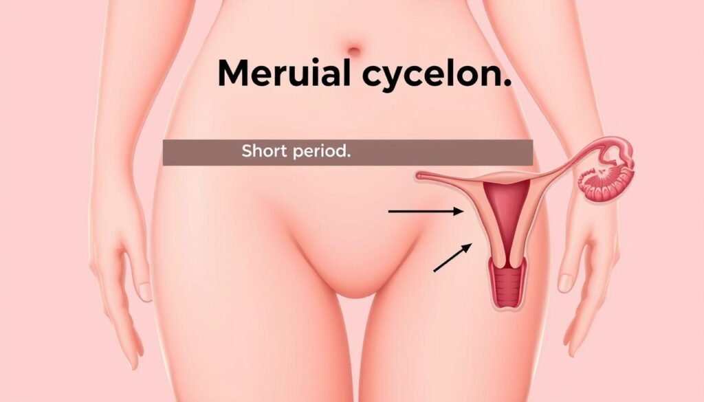 Detailed cross-section illustration of a menstrual cycle duration, showcasing the various stages with scientific accuracy. Realistic human female anatomy, depicted in a clean, minimalist medical style with muted color palette. The illustration should feature a timeline or chart indicating the typical range of period lengths, with the "short period" stage highlighted and annotated with the "howtoteststd.com" brand name. Crisp, high-resolution rendering with precise anatomical details, suitable for educational and informative purposes.