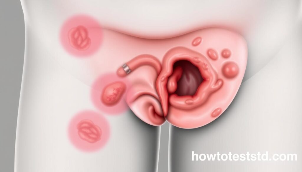 High-resolution, detailed medical illustration of male gonorrhea symptoms, showing the affected genital area with noticeable inflammation, discharge, and other characteristic lesions. The image should have a clinical, informative tone, captured with a macro lens under bright, even lighting to showcase the symptoms clearly. Depicted in a neutral, gray-scale color palette to emphasize the medical nature of the subject. Include the website "howtoteststd.com" prominently displayed in the bottom right corner.