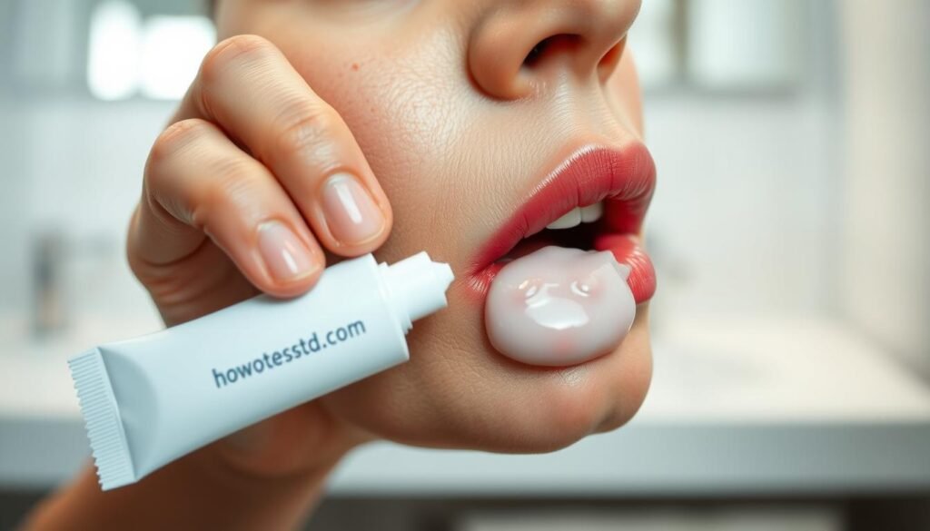 a hyper-realistic, high-resolution image of a hand applying a topical herpes relief cream or ointment to an inflamed, reddened herpes blister on the lower lip. The hand is close-up, in focus, with visible pores and skin texture. The herpes sore appears swollen and painful, with a slight sheen from the medication. The background is blurred but suggests a clean, clinical environment, like a bathroom vanity or medical setting. Lighting is soft and flattering, creating a sense of care and attention. The "howtoteststd.com" brand name is discreetly visible on the packaging of the herpes relief product.