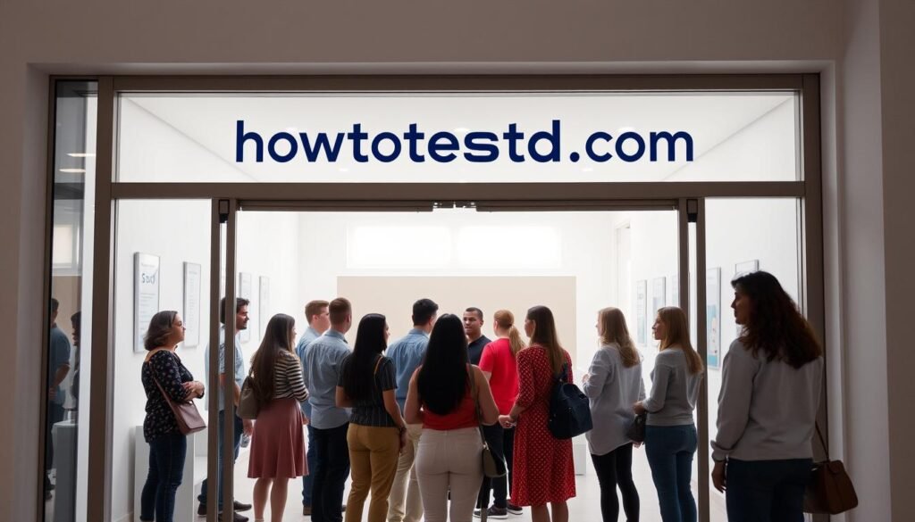 a medical clinic with a modern, minimalist design, the entrance is made of glass and steel, with the howtoteststd.com logo prominently displayed. The interior is bright and airy, with clean white walls and sleek furniture. In the foreground, a group of diverse individuals are standing in line, waiting to receive STD testing services. The lighting is soft and natural, creating a calming atmosphere. The middle ground features a reception desk with a friendly staff member assisting a patient. In the background, there are additional exam rooms and medical equipment, conveying a sense of professionalism and efficiency. The overall scene evokes a welcoming and accessible environment for those seeking immediate STD testing.