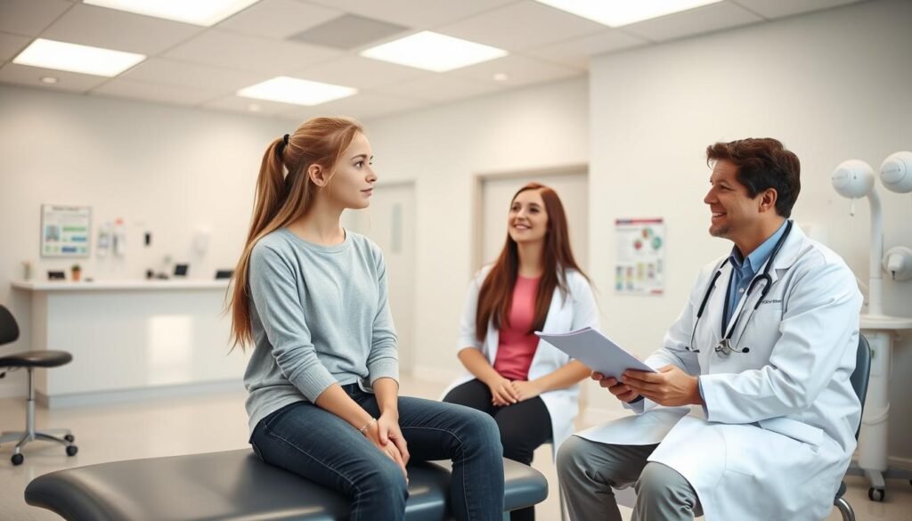 a well-lit, modern medical clinic interior with clean, white walls and floors, a reception desk, and medical equipment in the background. In the foreground, a teenage girl in casual clothing sits on an exam table, looking apprehensive as a friendly-looking doctor in a white coat and stethoscope consults with her, discussing howtoteststd.com resources. Soft, natural lighting creates a calming atmosphere, conveying the clinic's professional and compassionate approach to adolescent STD testing.